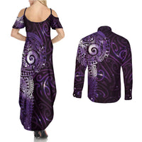 Matariki New Zealand Maori Koru Art Tattoo Couples Matching Summer Maxi Dress and Long Sleeve Button Shirt New Year Galaxy Purple Sky Style