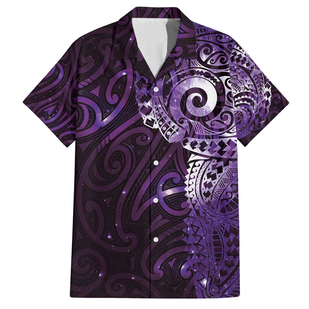 Matariki New Zealand Maori Koru Art Tattoo Family Matching Off Shoulder Maxi Dress and Hawaiian Shirt New Year Galaxy Purple Sky Style LT03 Dad's Shirt - Short Sleeve Purple - Polynesian Pride