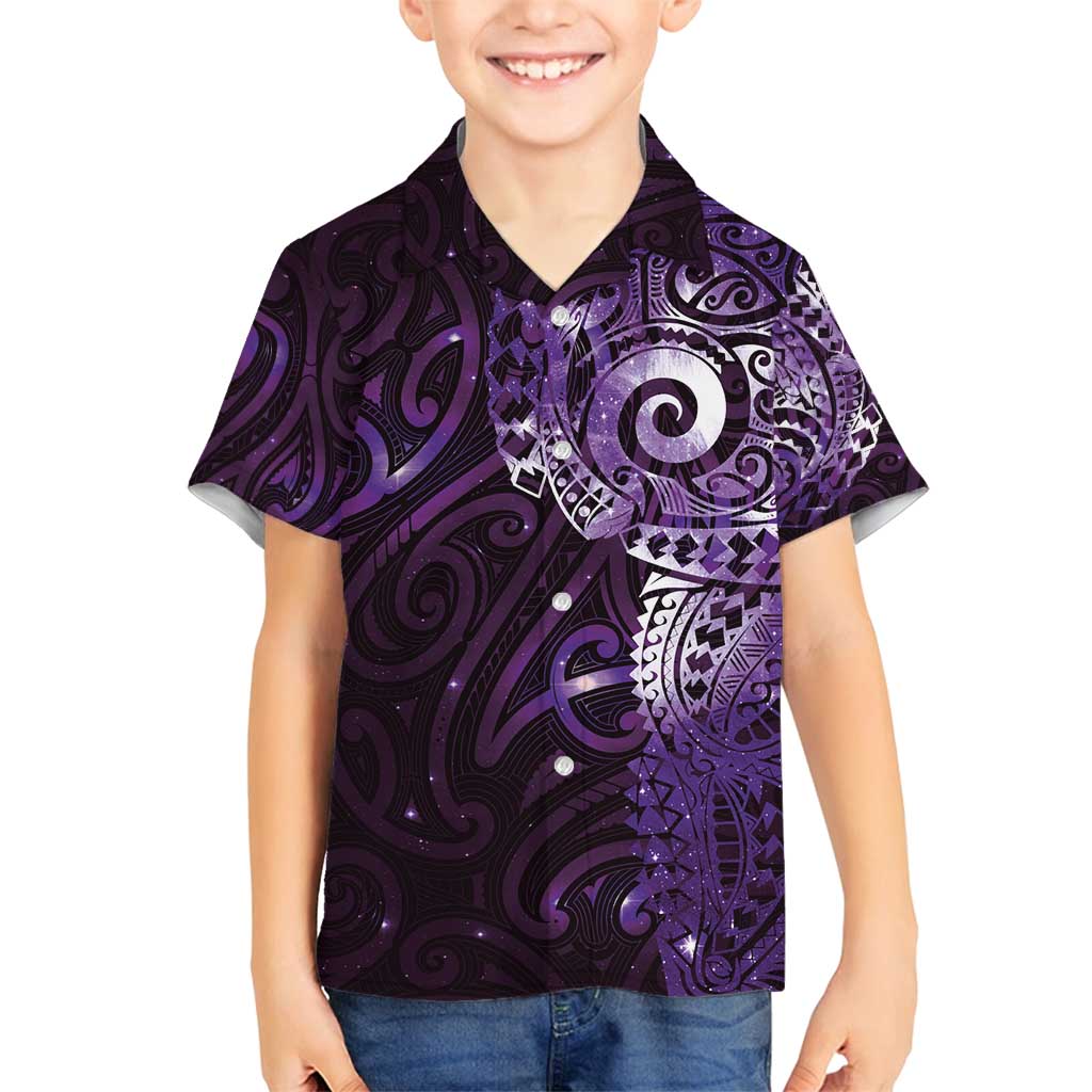 Matariki New Zealand Maori Koru Art Tattoo Family Matching Off Shoulder Maxi Dress and Hawaiian Shirt New Year Galaxy Purple Sky Style LT03 Son's Shirt Purple - Polynesian Pride