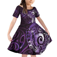 Matariki New Zealand Maori Koru Art Tattoo Family Matching Off Shoulder Short Dress and Hawaiian Shirt New Year Galaxy Purple Sky Style LT03 Daughter's Dress Purple - Polynesian Pride