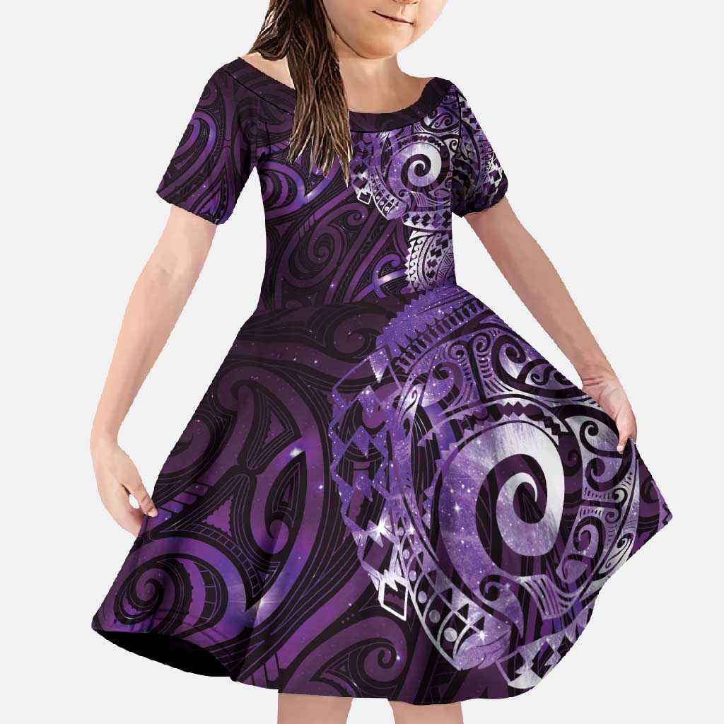 Matariki New Zealand Maori Koru Art Tattoo Family Matching Summer Maxi Dress and Hawaiian Shirt New Year Galaxy Purple Sky Style LT03 Daughter's Dress Purple - Polynesian Pride