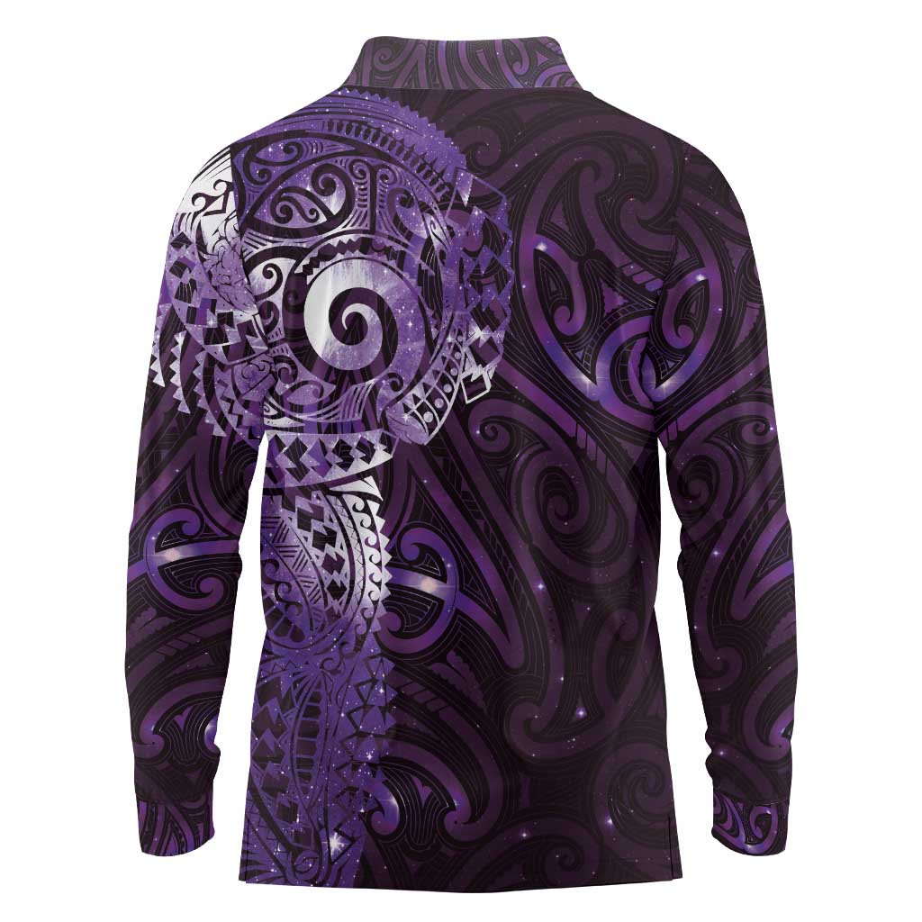 Matariki New Zealand Maori Koru Art Tattoo Long Sleeve Polo Shirt New Year Galaxy Purple Sky Style