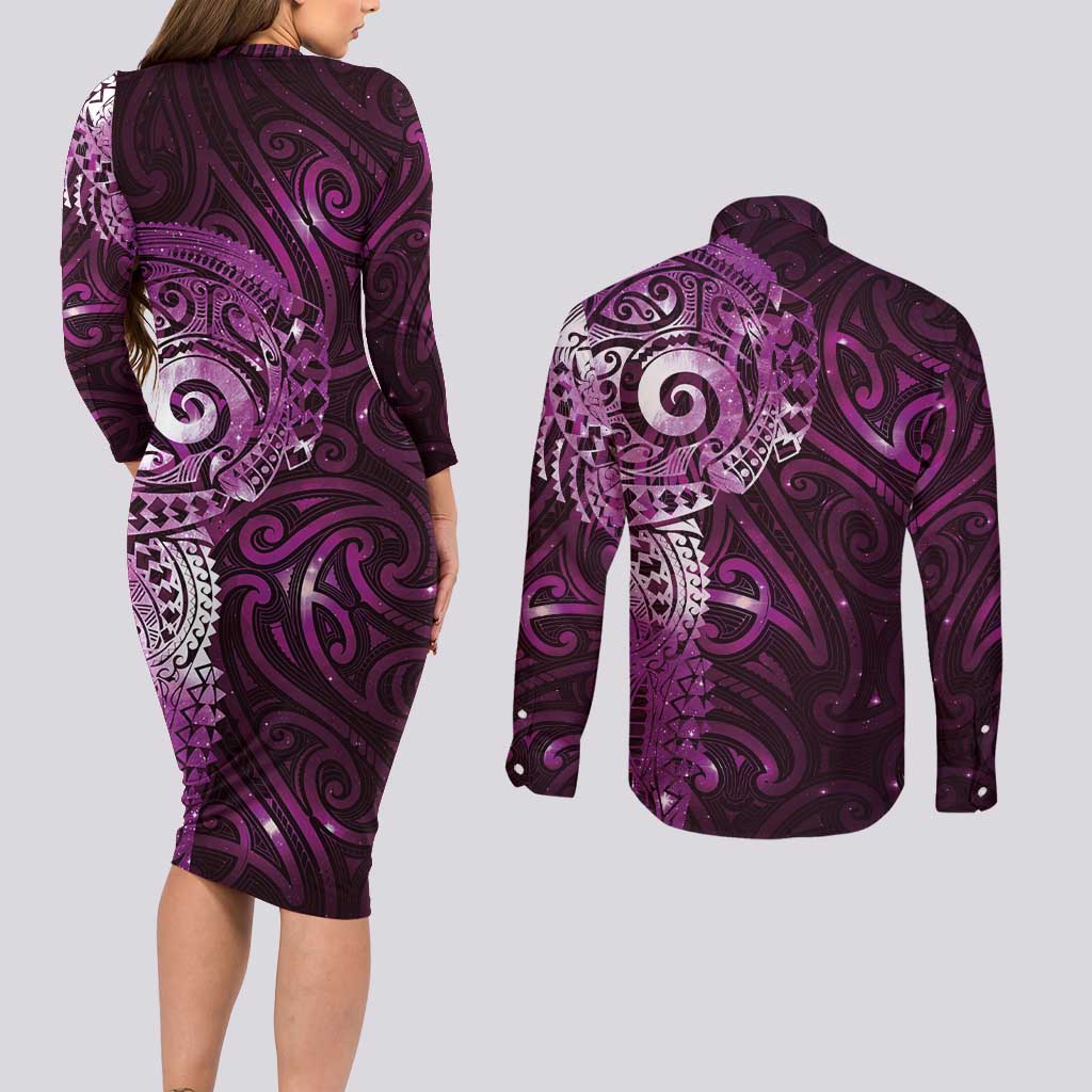 Matariki New Zealand Maori Koru Art Tattoo Couples Matching Long Sleeve Bodycon Dress and Long Sleeve Button Shirt New Year Galaxy Pink Sky Style