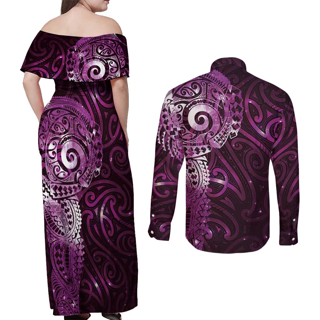 Matariki New Zealand Maori Koru Art Tattoo Couples Matching Off Shoulder Maxi Dress and Long Sleeve Button Shirt New Year Galaxy Pink Sky Style
