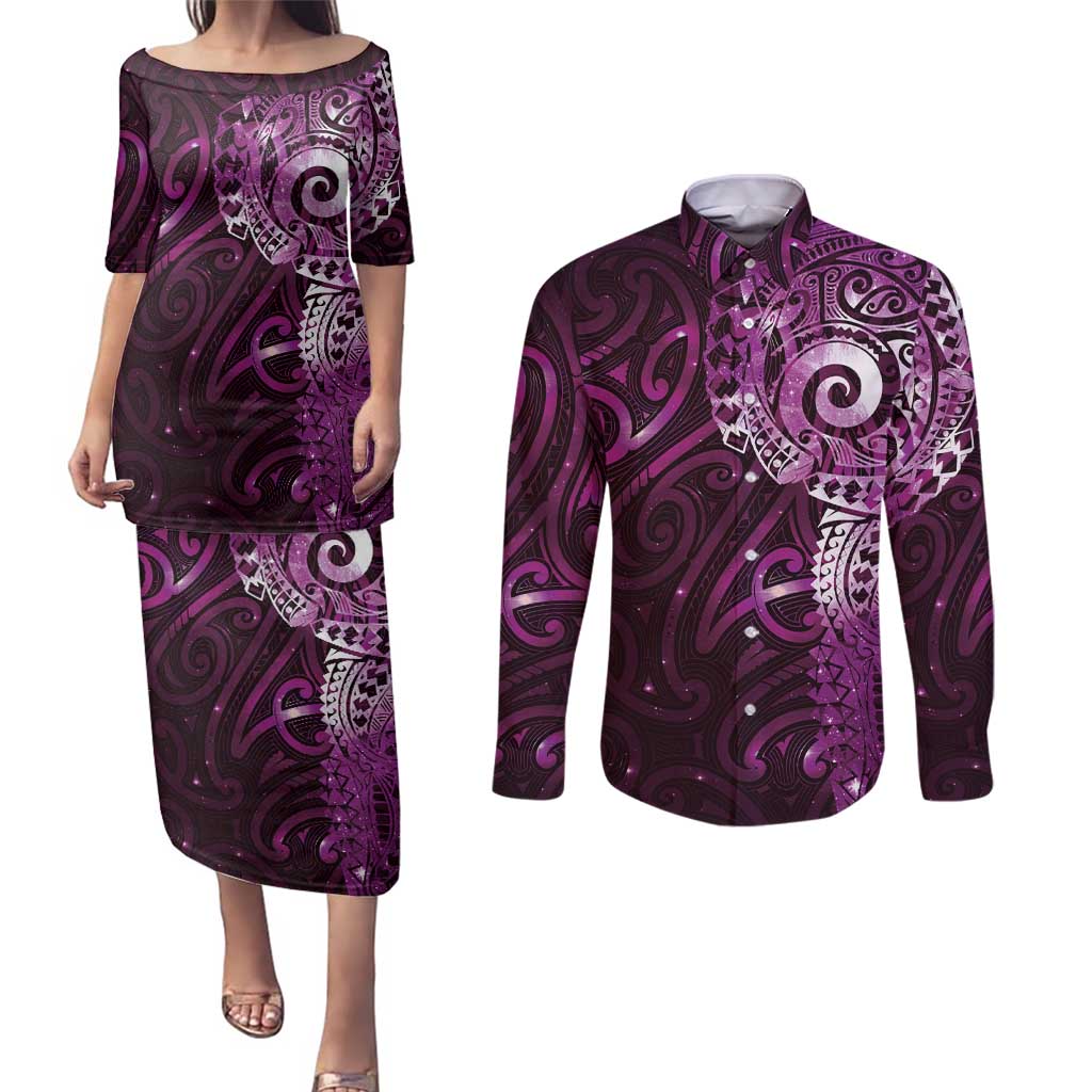 Matariki New Zealand Maori Koru Art Tattoo Couples Matching Puletasi and Long Sleeve Button Shirt New Year Galaxy Pink Sky Style