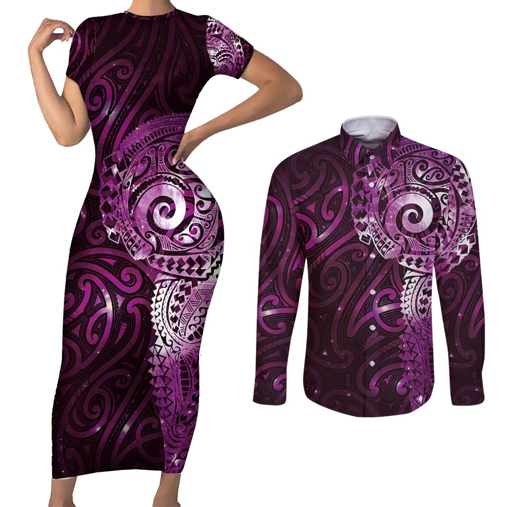 Matariki New Zealand Maori Koru Art Tattoo Couples Matching Short Sleeve Bodycon Dress and Long Sleeve Button Shirt New Year Galaxy Pink Sky Style