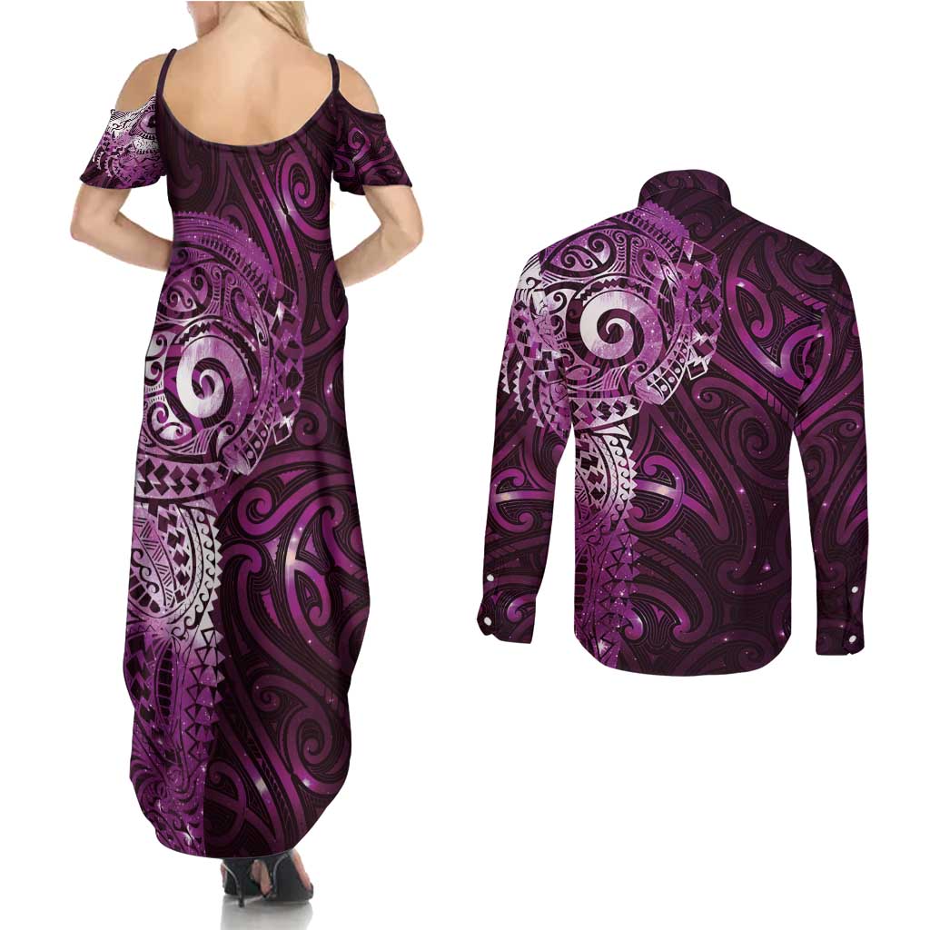 Matariki New Zealand Maori Koru Art Tattoo Couples Matching Summer Maxi Dress and Long Sleeve Button Shirt New Year Galaxy Pink Sky Style