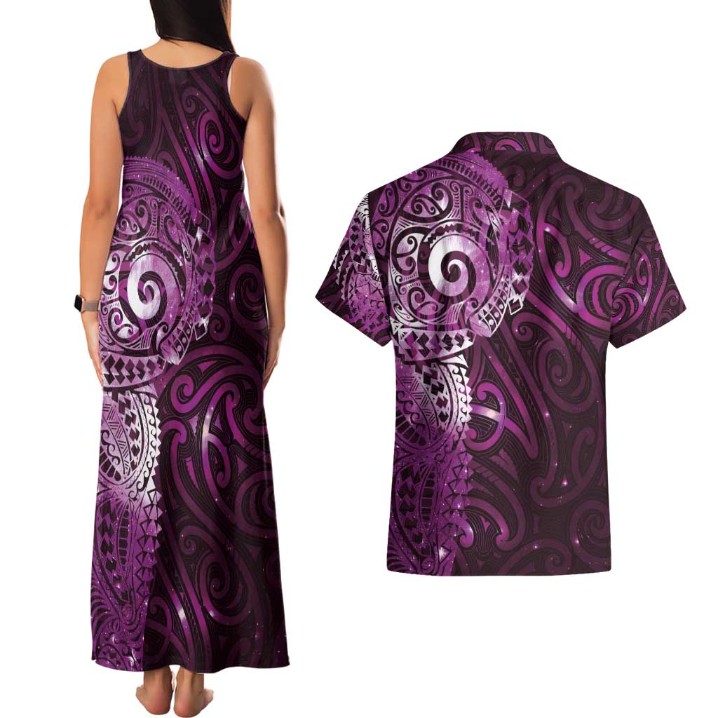 Matariki New Zealand Maori Koru Art Tattoo Couples Matching Tank Maxi Dress and Hawaiian Shirt New Year Galaxy Pink Sky Style