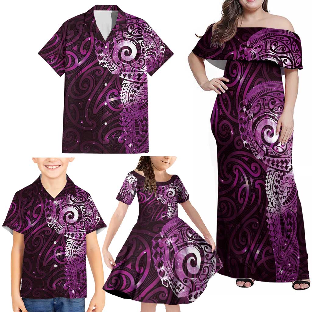 Matariki New Zealand Maori Koru Art Tattoo Family Matching Off Shoulder Maxi Dress and Hawaiian Shirt New Year Galaxy Pink Sky Style