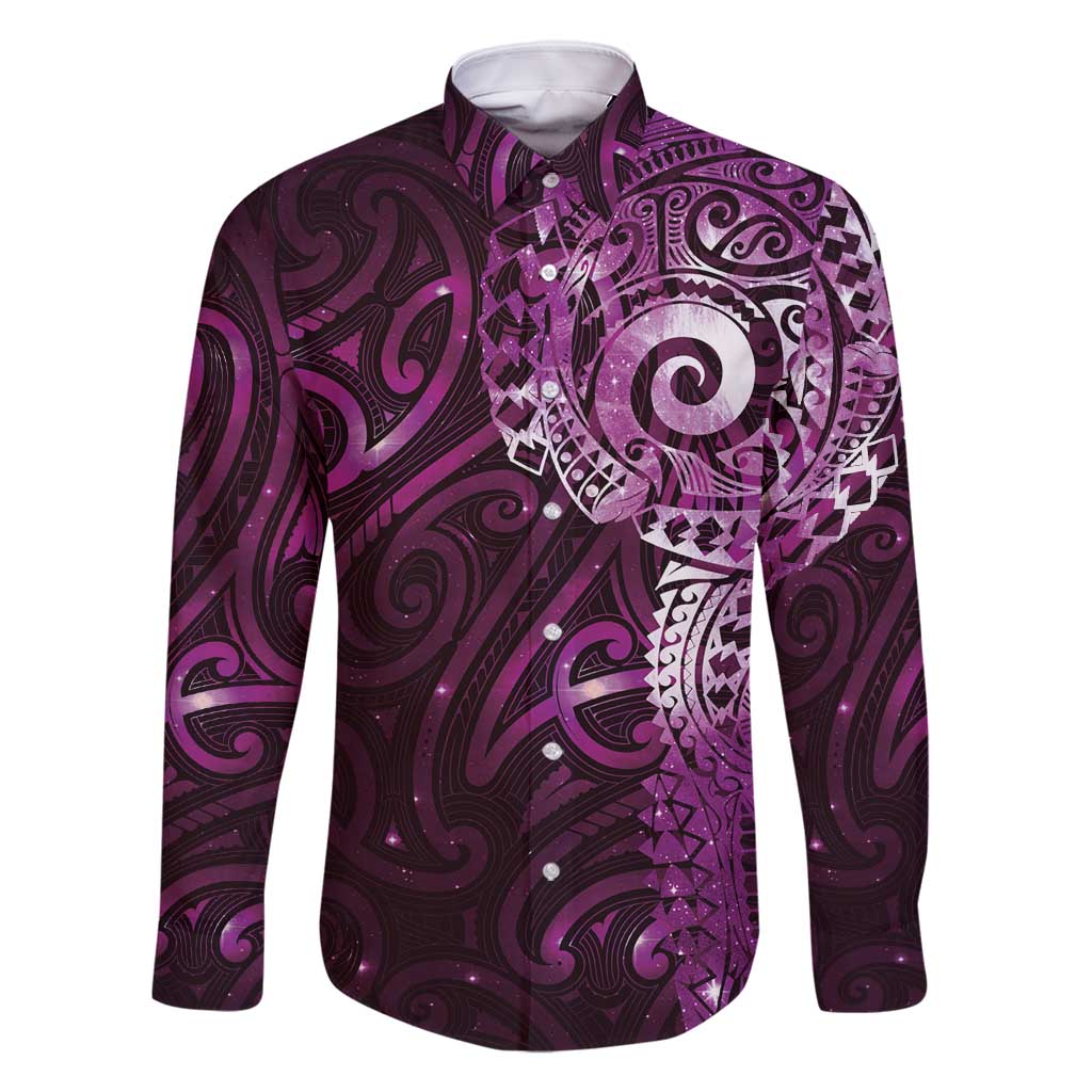 Matariki New Zealand Maori Koru Art Tattoo Family Matching Off Shoulder Maxi Dress and Hawaiian Shirt New Year Galaxy Pink Sky Style LT03 Dad's Shirt - Long Sleeve Pink - Polynesian Pride