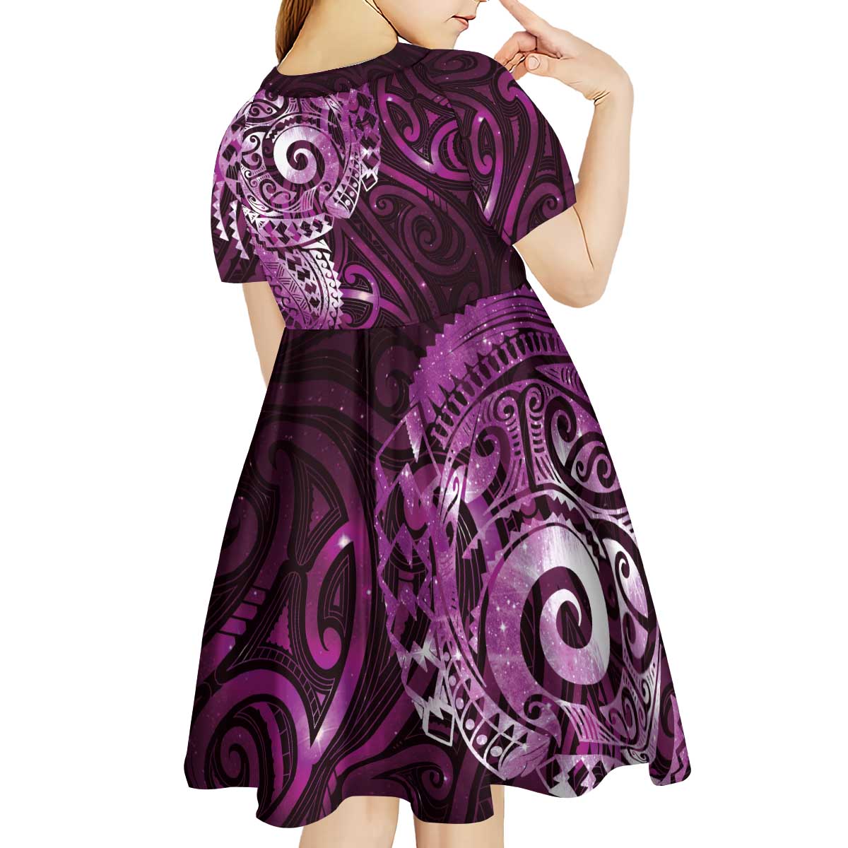 Matariki New Zealand Maori Koru Art Tattoo Kid Short Sleeve Dress New Year Galaxy Pink Sky Style