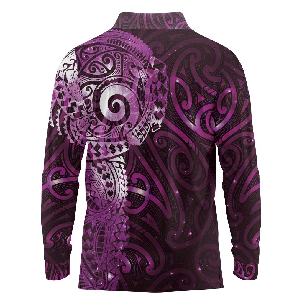 Matariki New Zealand Maori Koru Art Tattoo Long Sleeve Polo Shirt New Year Galaxy Pink Sky Style