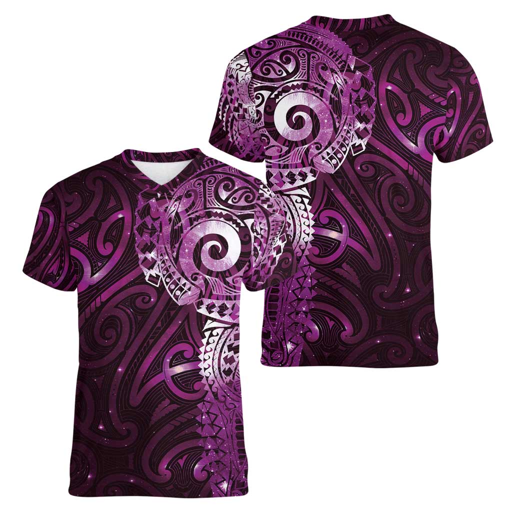 Matariki New Zealand Maori Koru Art Tattoo Women V-Neck T-Shirt New Year Galaxy Pink Sky Style