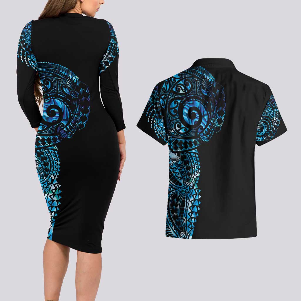 New Zealand Maori Koru Art Traditional Tattoo Couples Matching Long Sleeve Bodycon Dress and Hawaiian Shirt Paua Shell