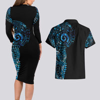 New Zealand Maori Koru Art Traditional Tattoo Couples Matching Long Sleeve Bodycon Dress and Hawaiian Shirt Paua Shell