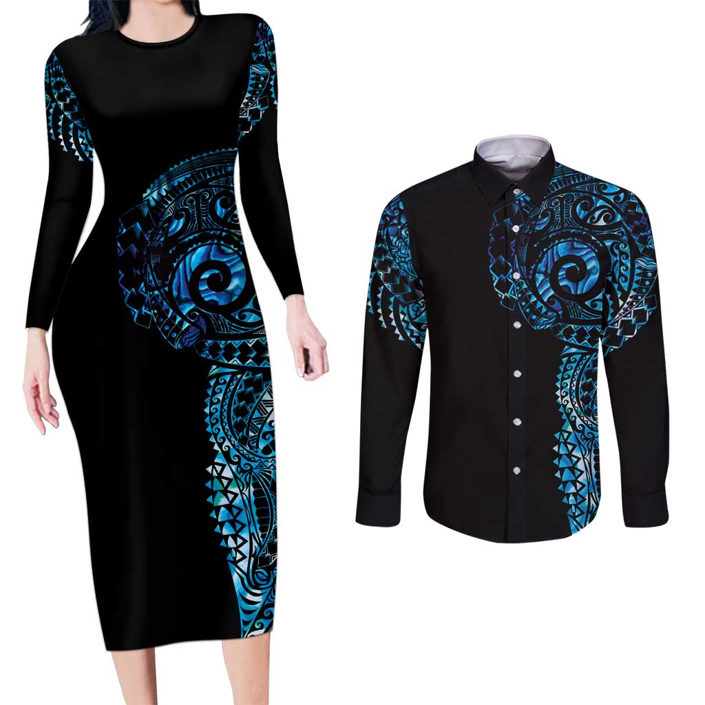New Zealand Maori Koru Art Traditional Tattoo Couples Matching Long Sleeve Bodycon Dress and Long Sleeve Button Shirt Paua Shell LT03 Black - Polynesian Pride