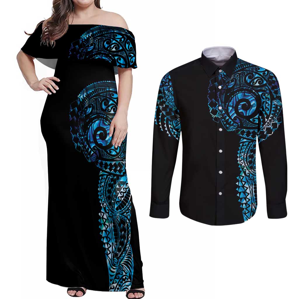 New Zealand Maori Koru Art Traditional Tattoo Couples Matching Off Shoulder Maxi Dress and Long Sleeve Button Shirt Paua Shell