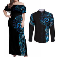 New Zealand Maori Koru Art Traditional Tattoo Couples Matching Off Shoulder Maxi Dress and Long Sleeve Button Shirt Paua Shell