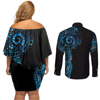 New Zealand Maori Koru Art Traditional Tattoo Couples Matching Off Shoulder Short Dress and Long Sleeve Button Shirt Paua Shell LT03 - Polynesian Pride