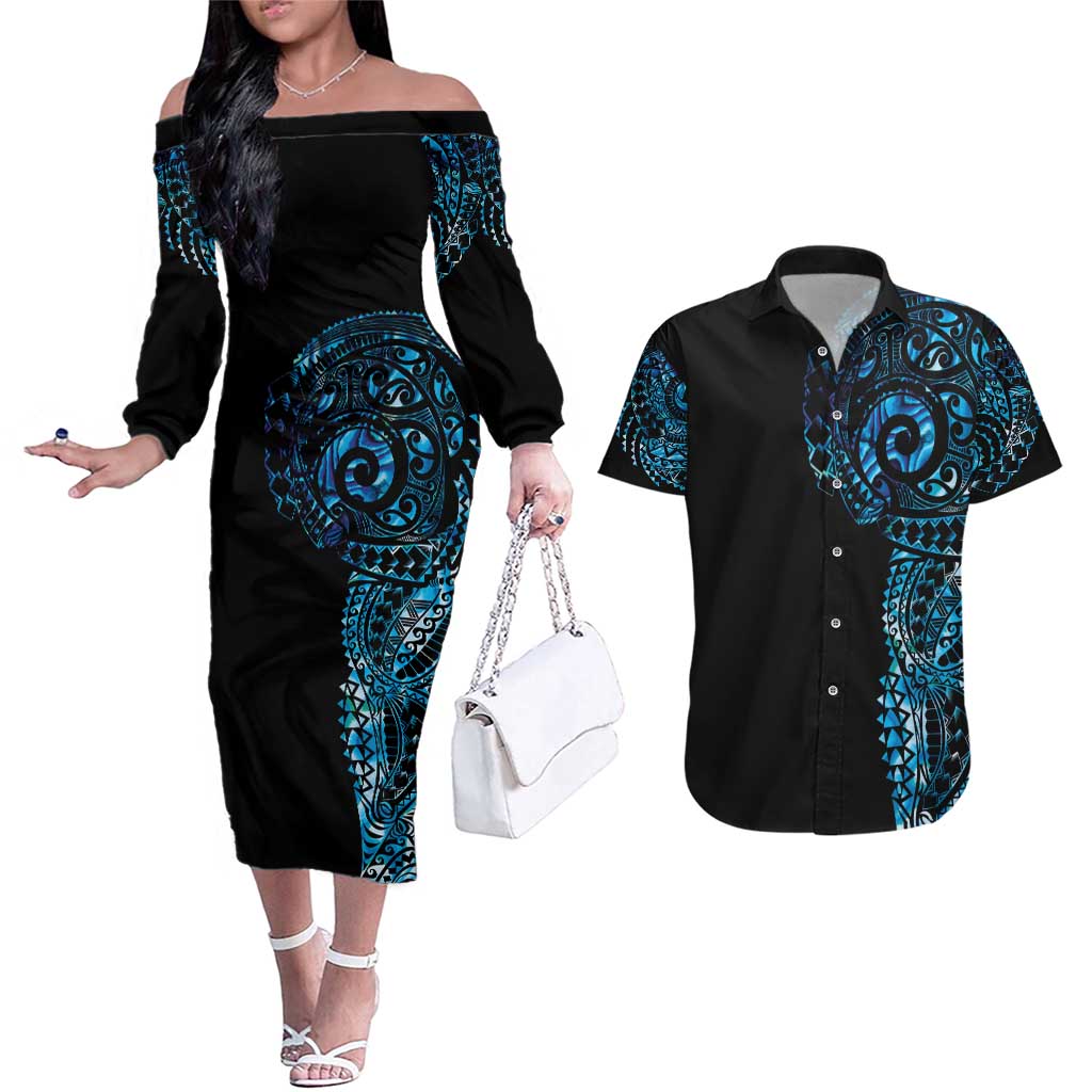 New Zealand Maori Koru Art Traditional Tattoo Couples Matching Off The Shoulder Long Sleeve Dress and Hawaiian Shirt Paua Shell LT03 Black - Polynesian Pride