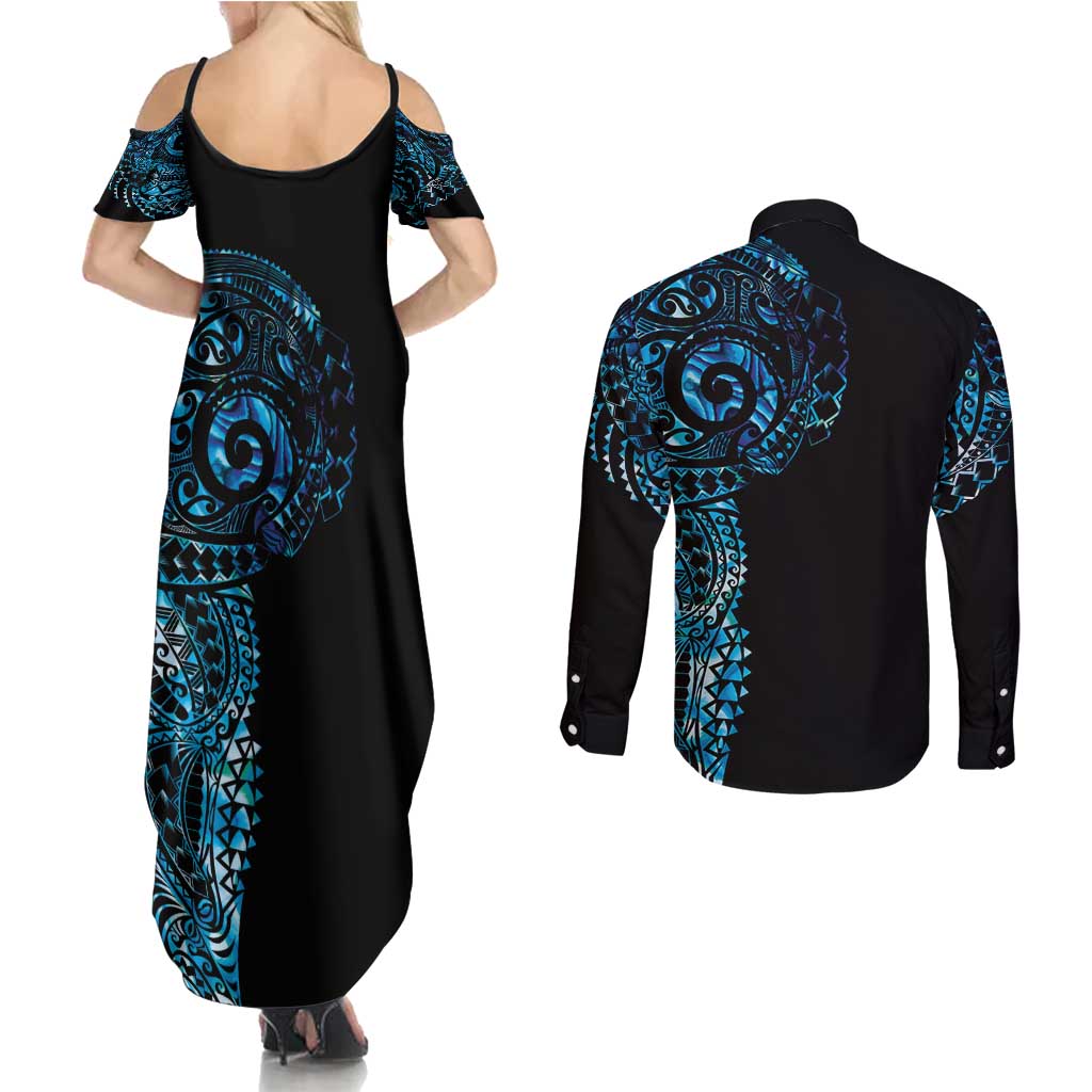 New Zealand Maori Koru Art Traditional Tattoo Couples Matching Summer Maxi Dress and Long Sleeve Button Shirt Paua Shell LT03 - Polynesian Pride