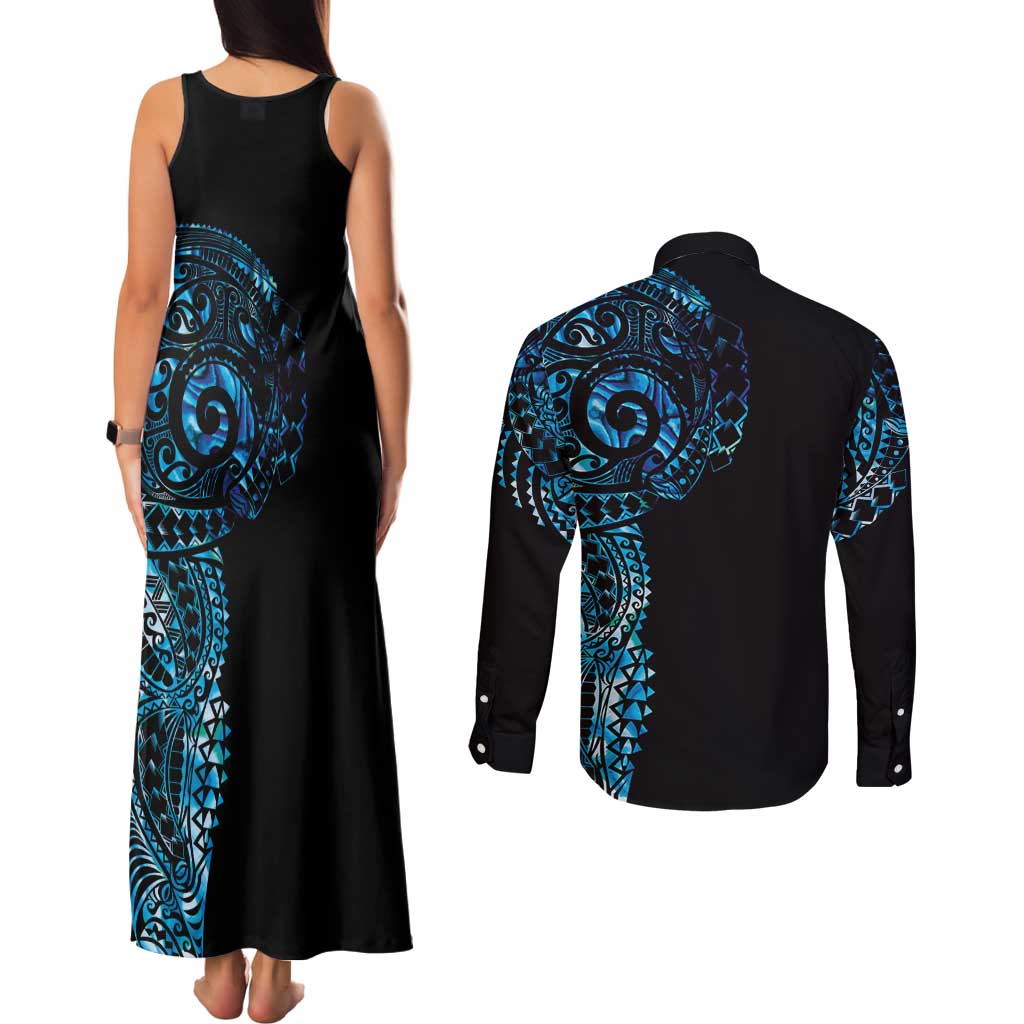 New Zealand Maori Koru Art Traditional Tattoo Couples Matching Tank Maxi Dress and Long Sleeve Button Shirt Paua Shell LT03 - Polynesian Pride