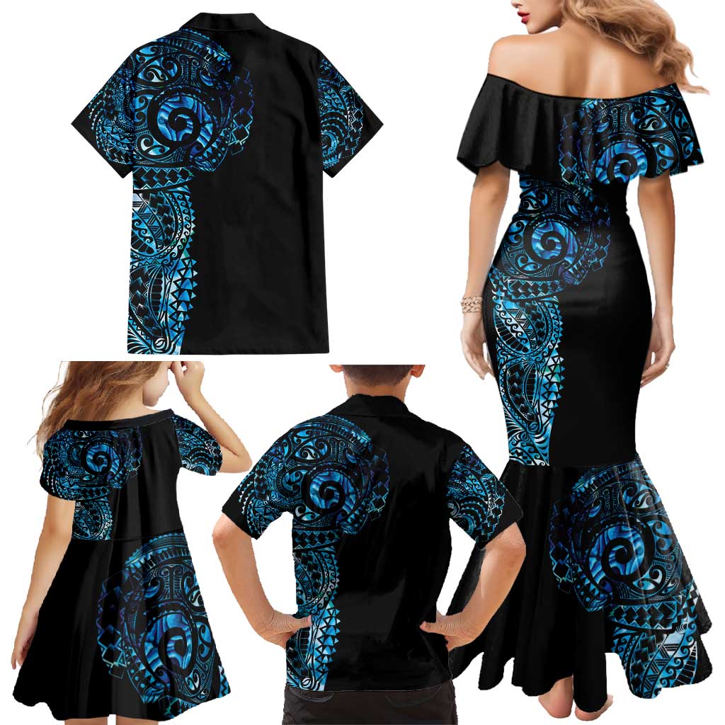 New Zealand Maori Koru Art Traditional Tattoo Family Matching Mermaid Dress and Hawaiian Shirt Paua Shell