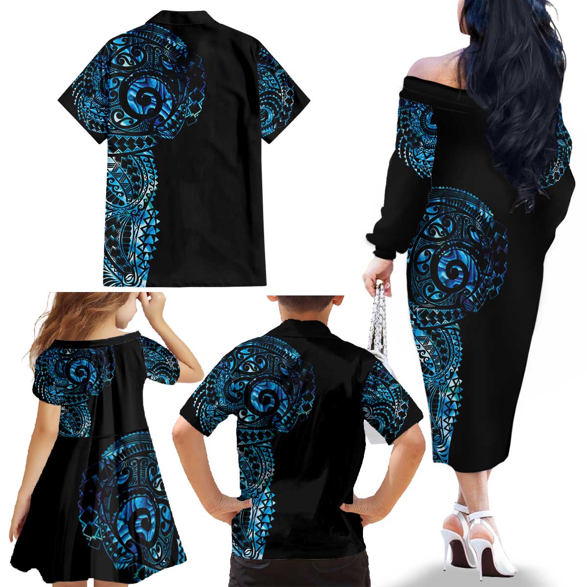New Zealand Maori Koru Art Traditional Tattoo Family Matching Off The Shoulder Long Sleeve Dress and Hawaiian Shirt Paua Shell LT03 - Polynesian Pride