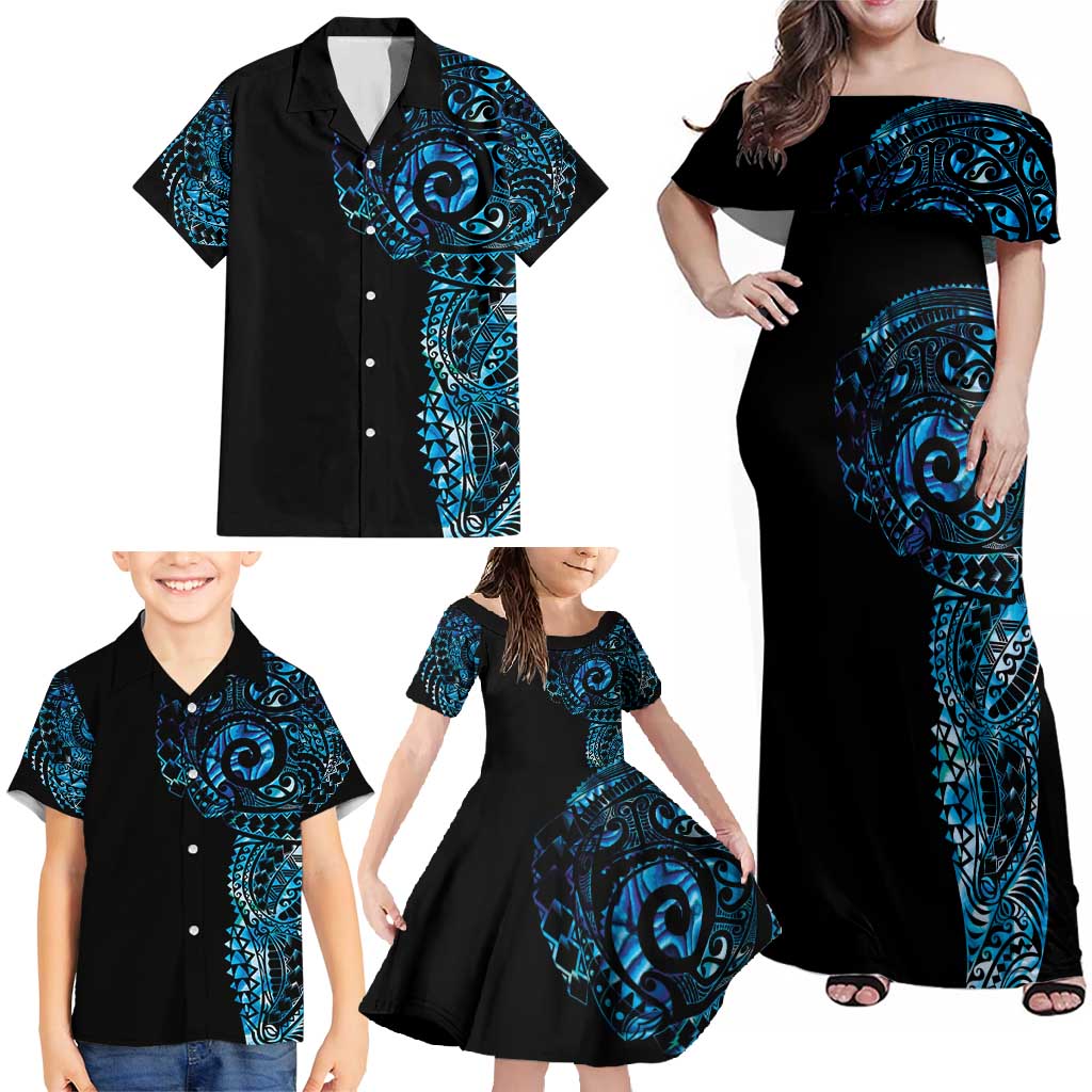 New Zealand Maori Koru Art Traditional Tattoo Family Matching Off Shoulder Maxi Dress and Hawaiian Shirt Paua Shell LT03 - Polynesian Pride