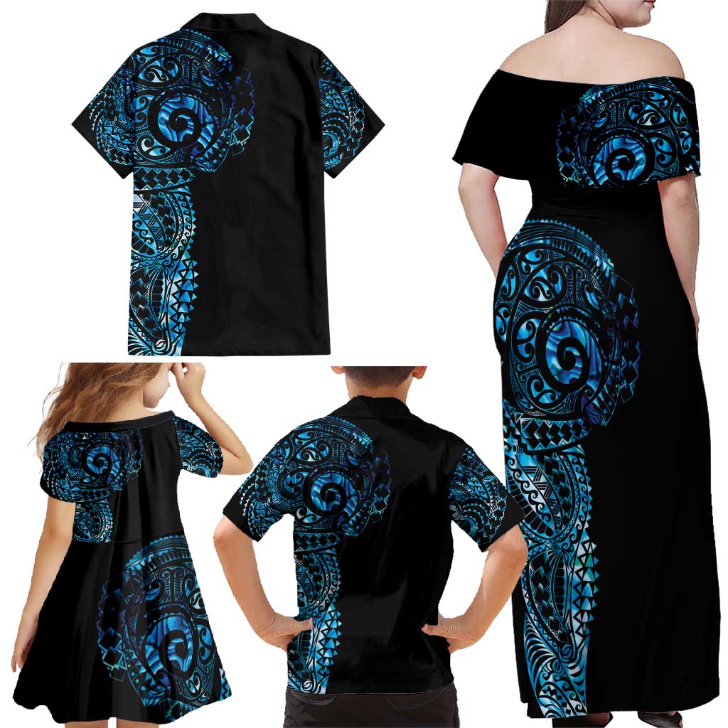 New Zealand Maori Koru Art Traditional Tattoo Family Matching Off Shoulder Maxi Dress and Hawaiian Shirt Paua Shell LT03 - Polynesian Pride