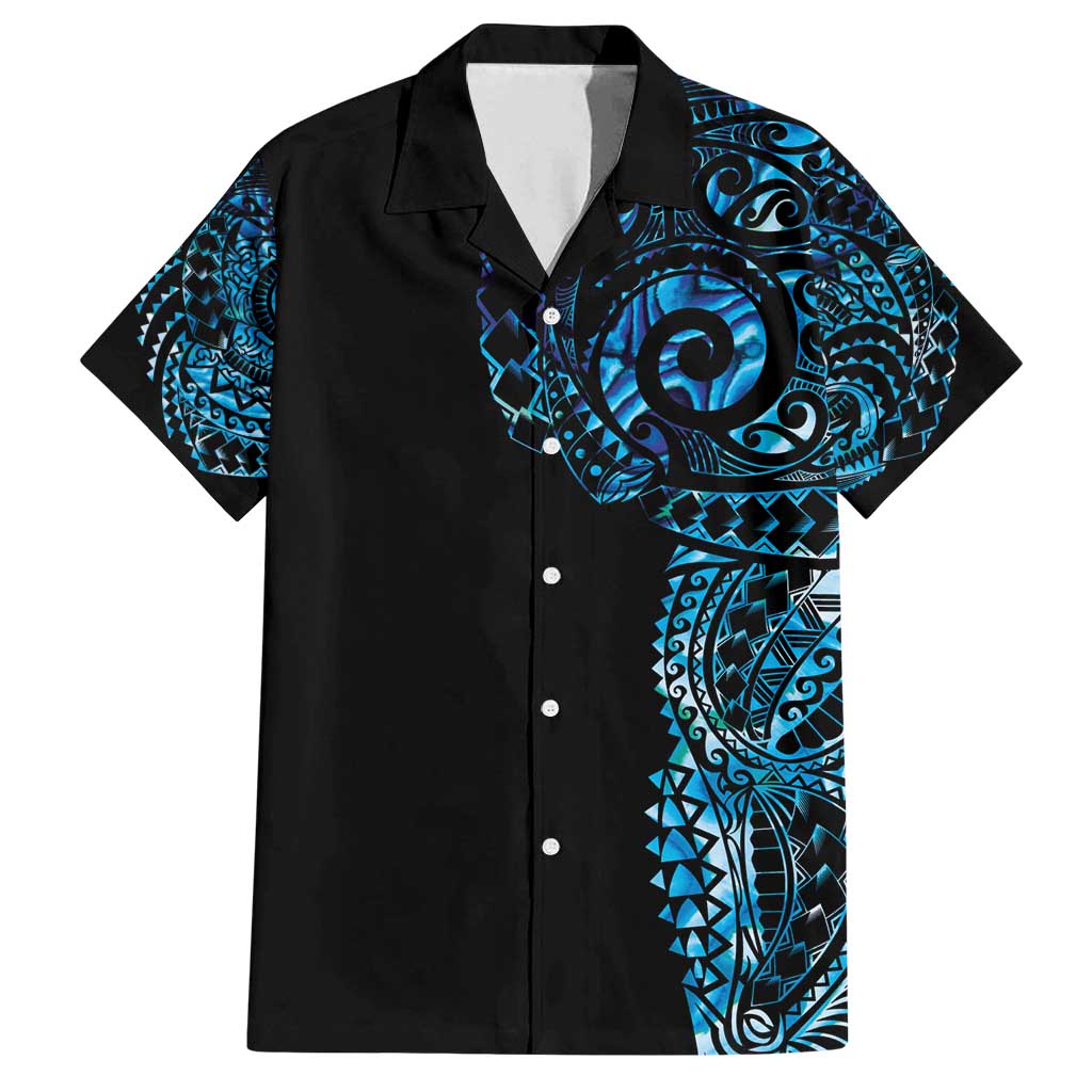 New Zealand Maori Koru Art Traditional Tattoo Family Matching Off Shoulder Maxi Dress and Hawaiian Shirt Paua Shell LT03 Dad's Shirt - Short Sleeve Black - Polynesian Pride