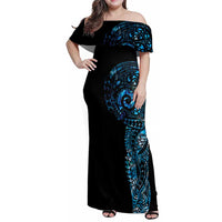 New Zealand Maori Koru Art Traditional Tattoo Family Matching Off Shoulder Maxi Dress and Hawaiian Shirt Paua Shell LT03 Mom's Dress Black - Polynesian Pride