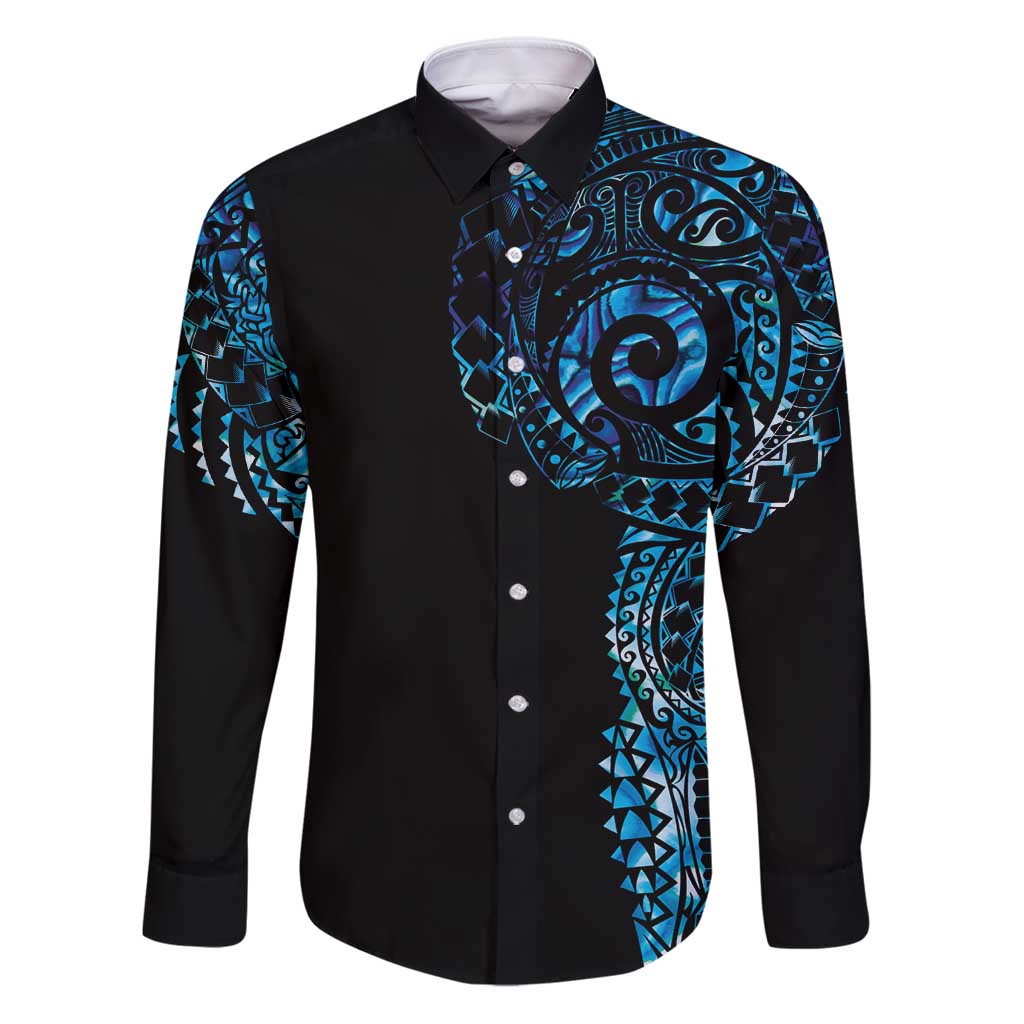 New Zealand Maori Koru Art Traditional Tattoo Family Matching Puletasi and Hawaiian Shirt Paua Shell LT03 Dad's Shirt - Long Sleeve Black - Polynesian Pride