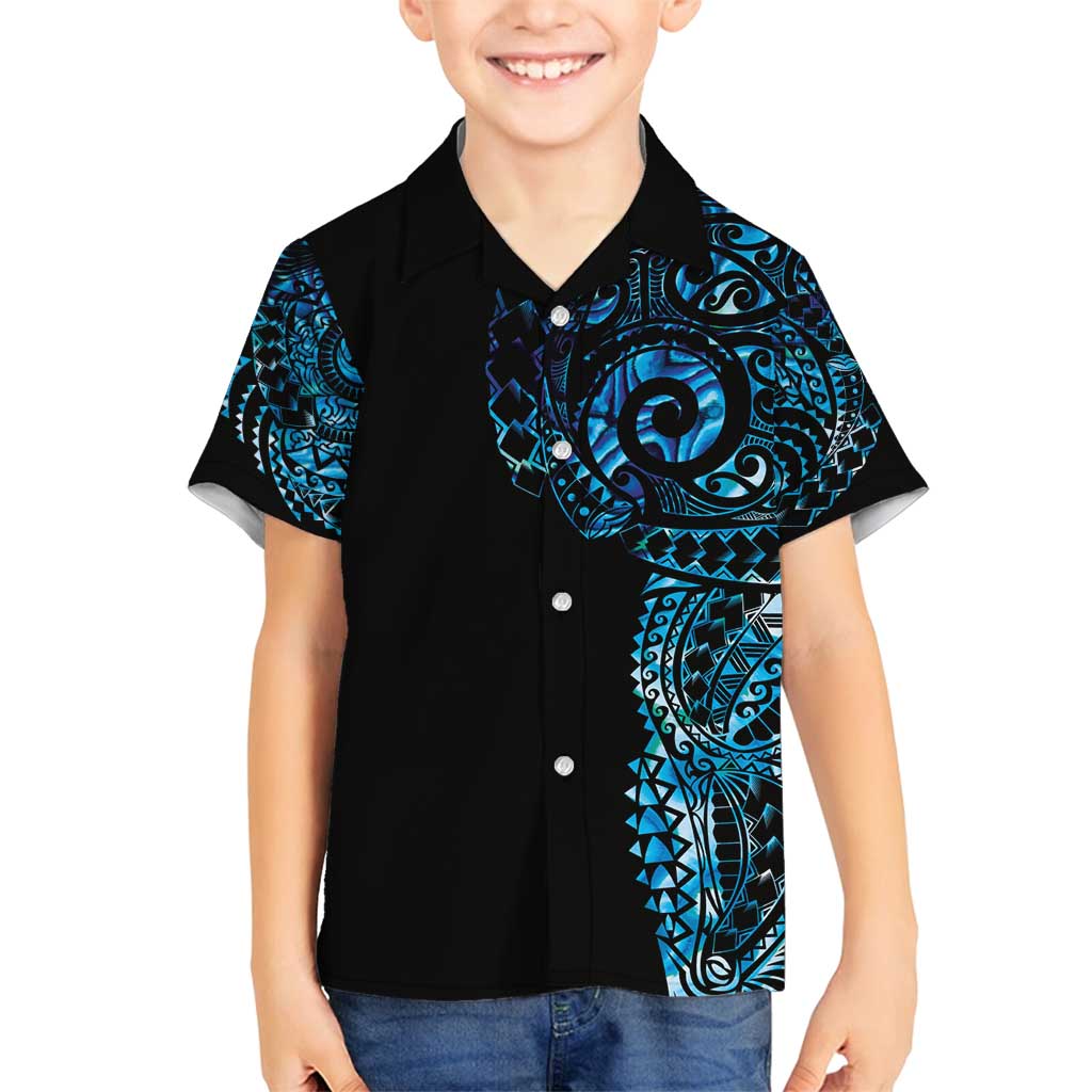 New Zealand Maori Koru Art Traditional Tattoo Family Matching Puletasi and Hawaiian Shirt Paua Shell LT03 Son's Shirt Black - Polynesian Pride