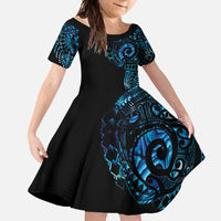 New Zealand Maori Koru Art Traditional Tattoo Family Matching Summer Maxi Dress and Hawaiian Shirt Paua Shell LT03 Daughter's Dress Black - Polynesian Pride