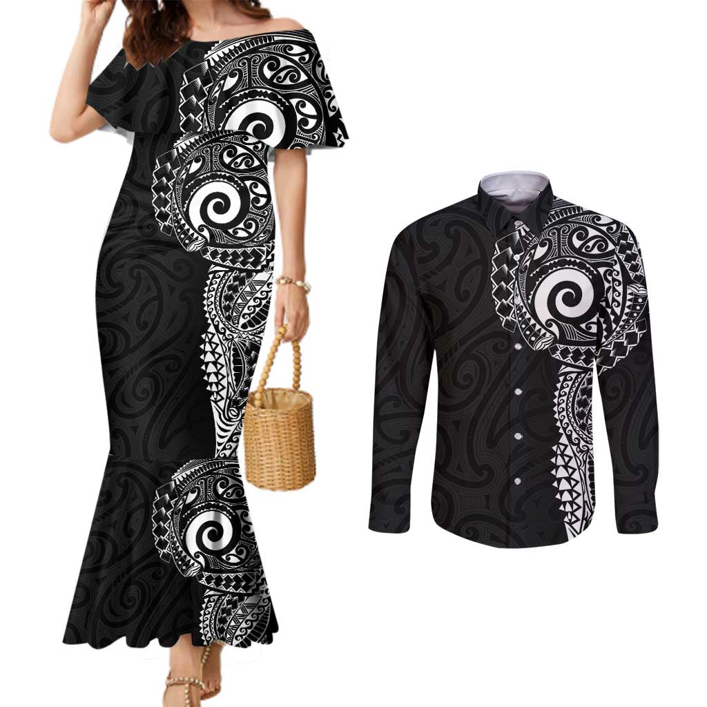 New Zealand Maori Koru Art Traditional Tattoo Couples Matching Mermaid Dress and Long Sleeve Button Shirt Simple Style
