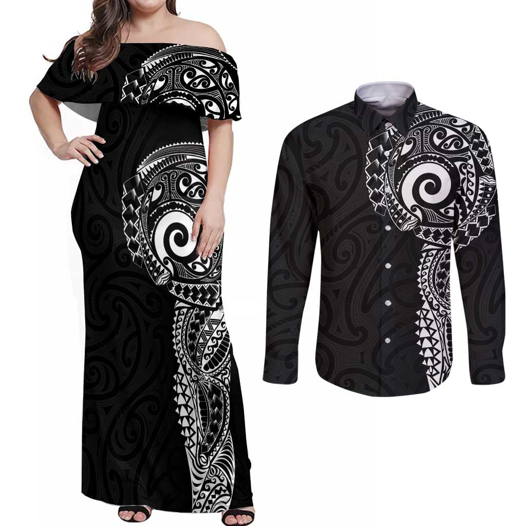 New Zealand Maori Koru Art Traditional Tattoo Couples Matching Off Shoulder Maxi Dress and Long Sleeve Button Shirt Simple Style