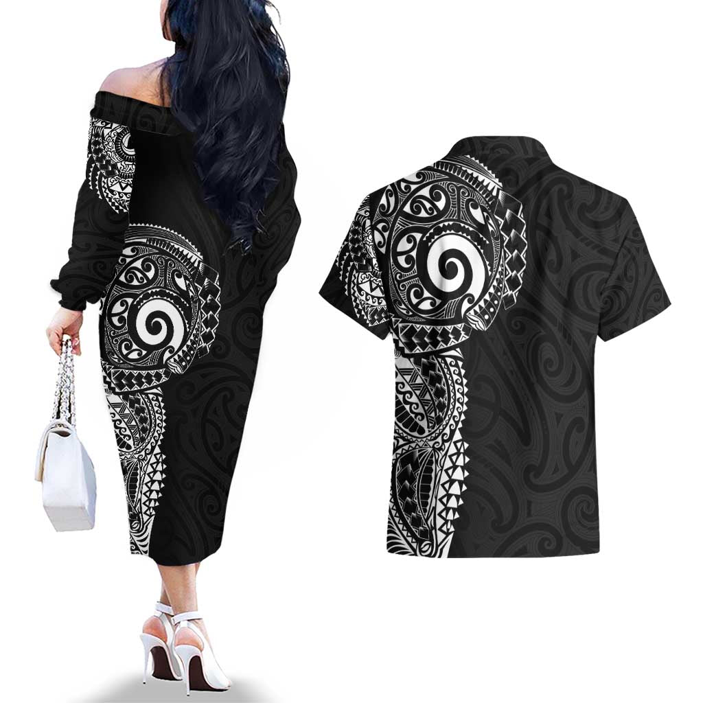 New Zealand Maori Koru Art Traditional Tattoo Couples Matching Off The Shoulder Long Sleeve Dress and Hawaiian Shirt Simple Style