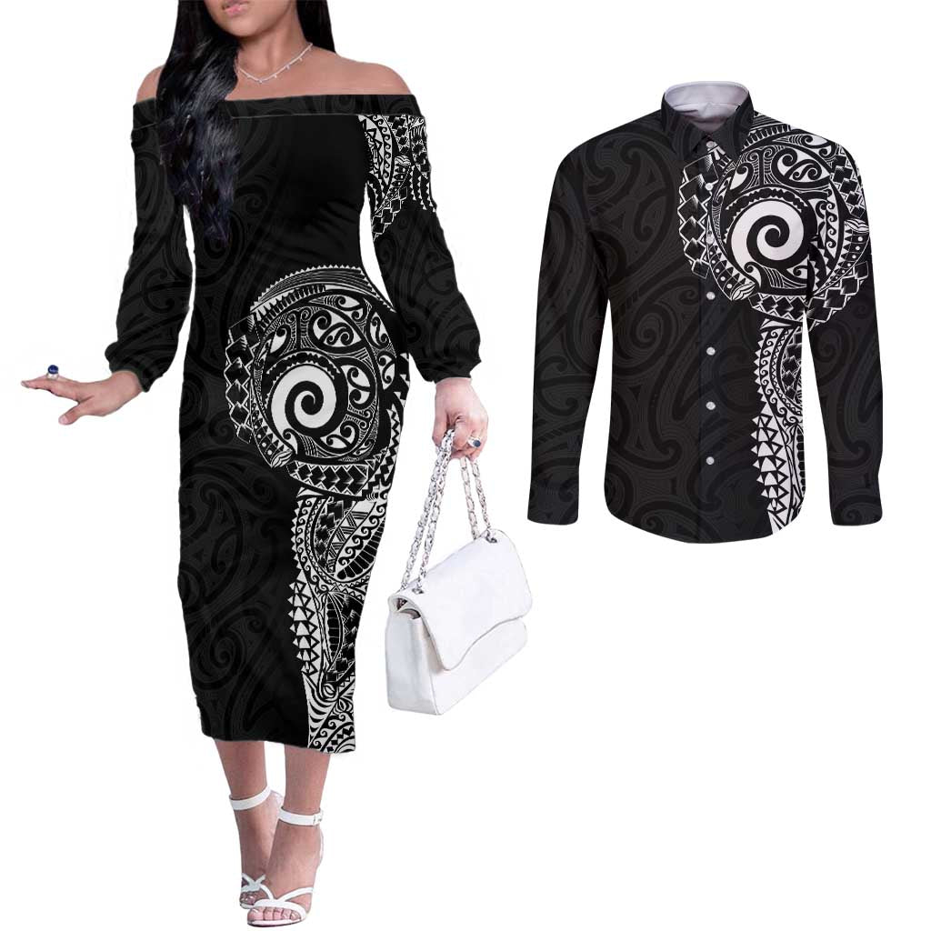 New Zealand Maori Koru Art Traditional Tattoo Couples Matching Off The Shoulder Long Sleeve Dress and Long Sleeve Button Shirt Simple Style