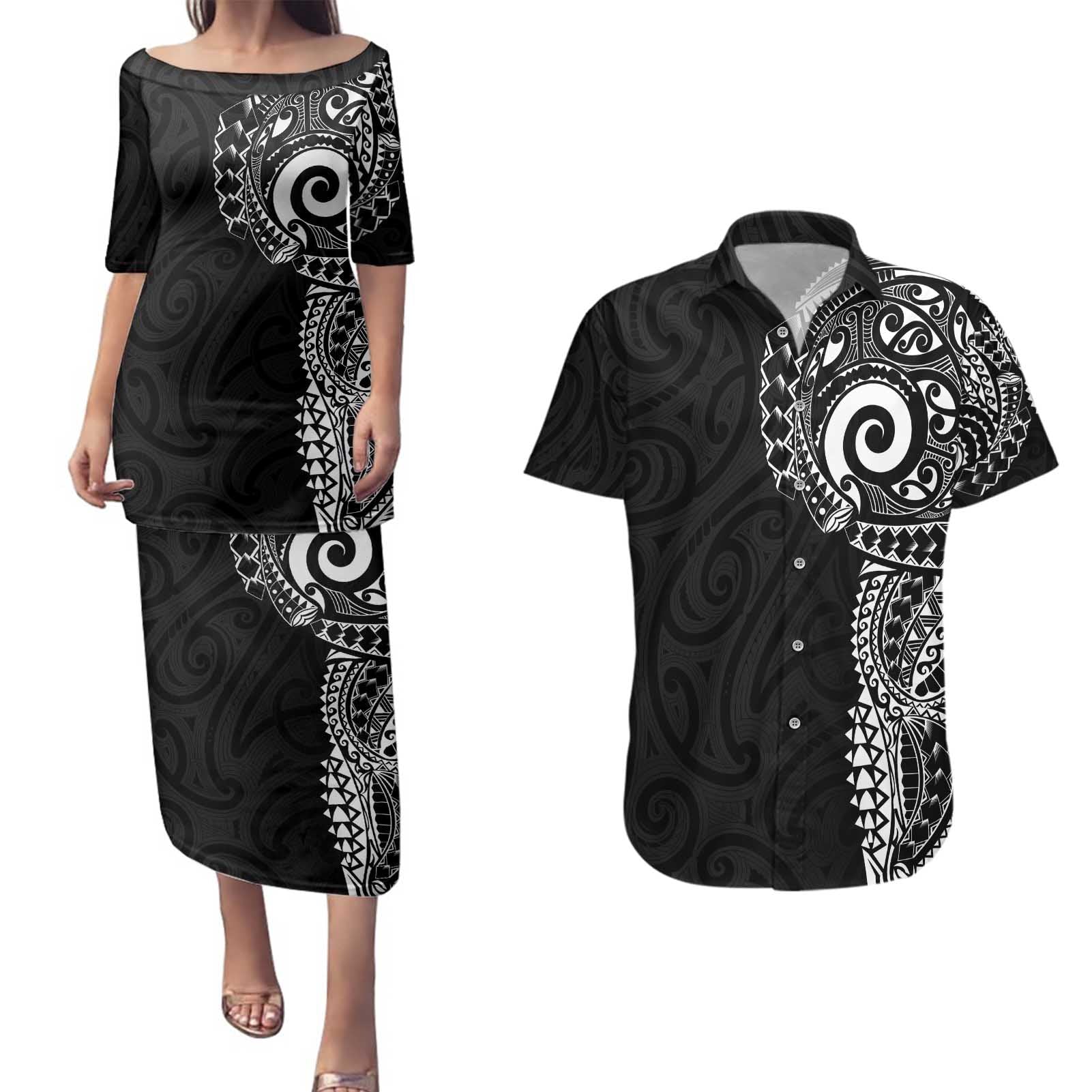 New Zealand Maori Koru Art Traditional Tattoo Couples Matching Puletasi and Hawaiian Shirt Simple Style