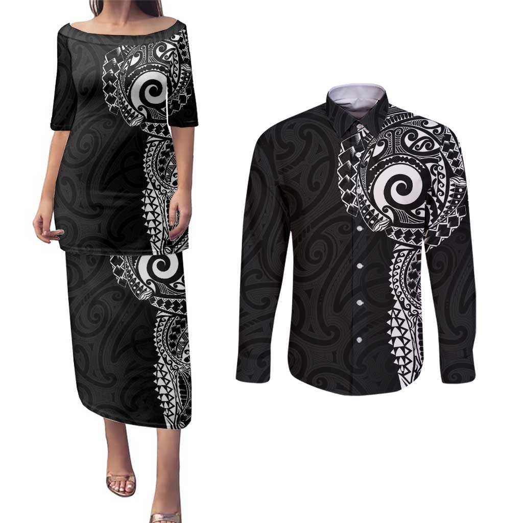 New Zealand Maori Koru Art Traditional Tattoo Couples Matching Puletasi and Long Sleeve Button Shirt Simple Style