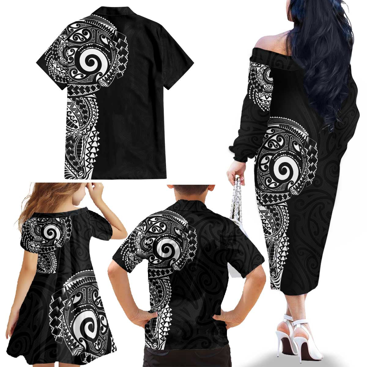 New Zealand Maori Koru Art Traditional Tattoo Family Matching Off The Shoulder Long Sleeve Dress and Hawaiian Shirt Simple Style