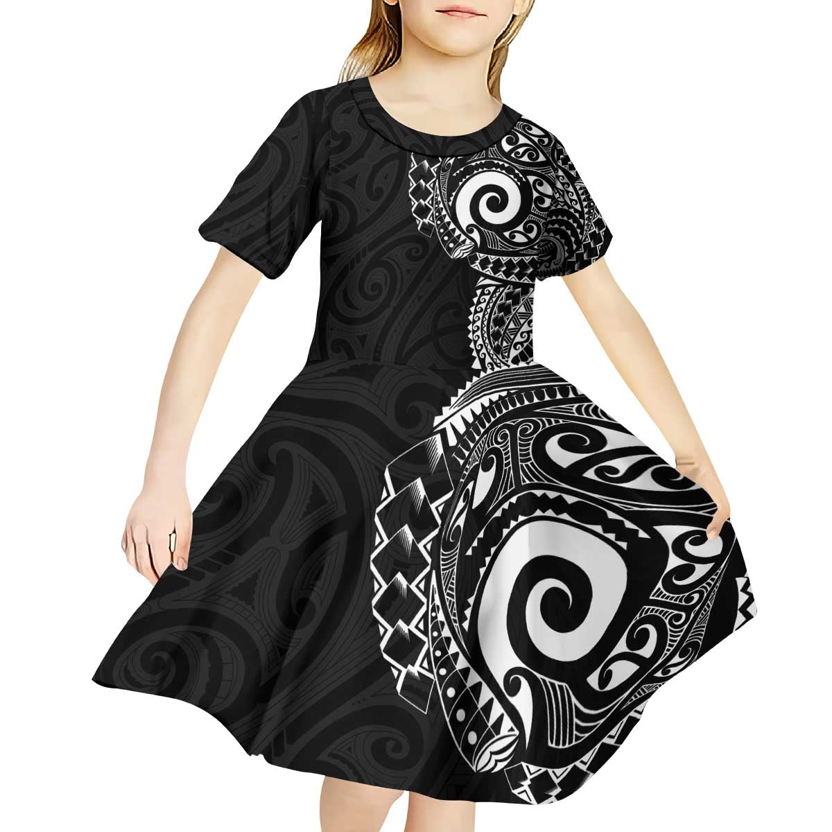 New Zealand Maori Koru Art Traditional Tattoo Kid Short Sleeve Dress Simple Style