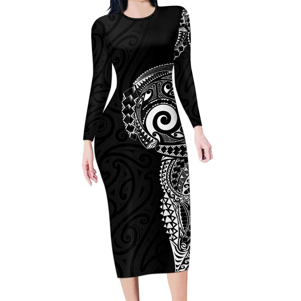 New Zealand Maori Koru Art Traditional Tattoo Long Sleeve Bodycon Dress Simple Style