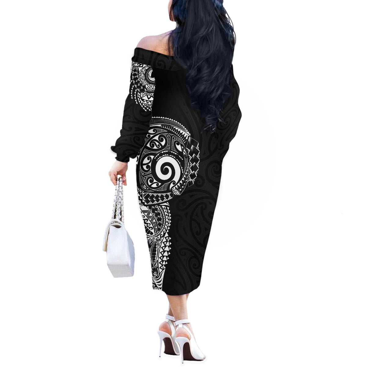 New Zealand Maori Koru Art Traditional Tattoo Off The Shoulder Long Sleeve Dress Simple Style