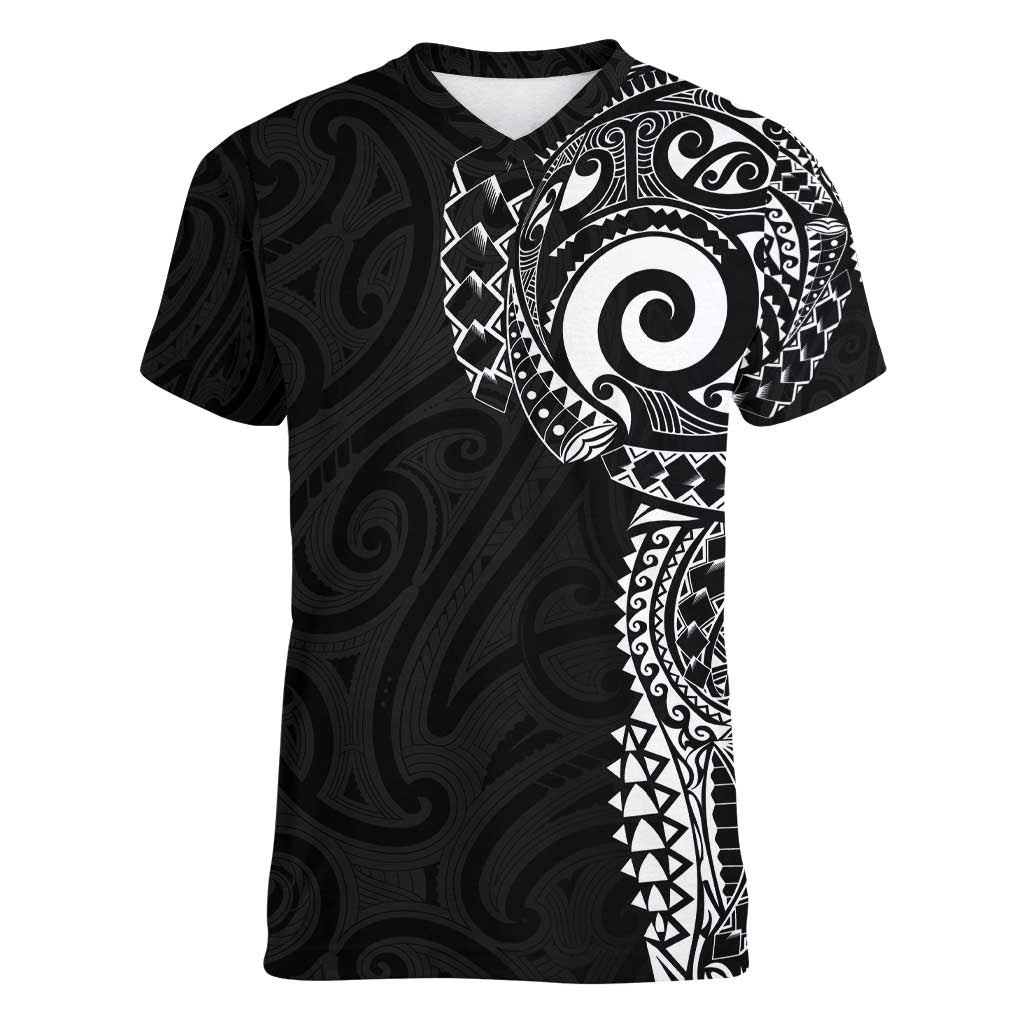 New Zealand Maori Koru Art Traditional Tattoo Women V-Neck T-Shirt Simple Style LT03 Female Black - Polynesian Pride