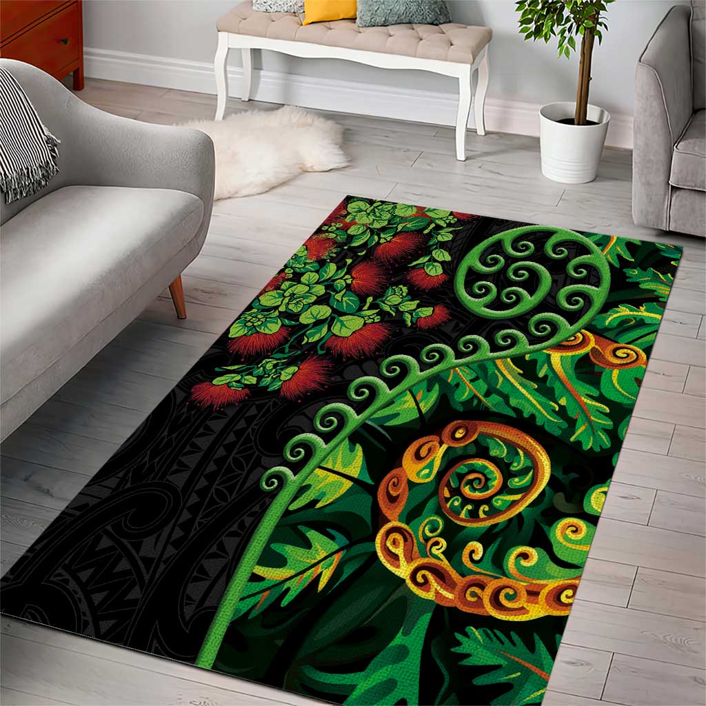 New Zealand Koru Plants and Pohutukawa Area Rug Maori Tattoo Pattern