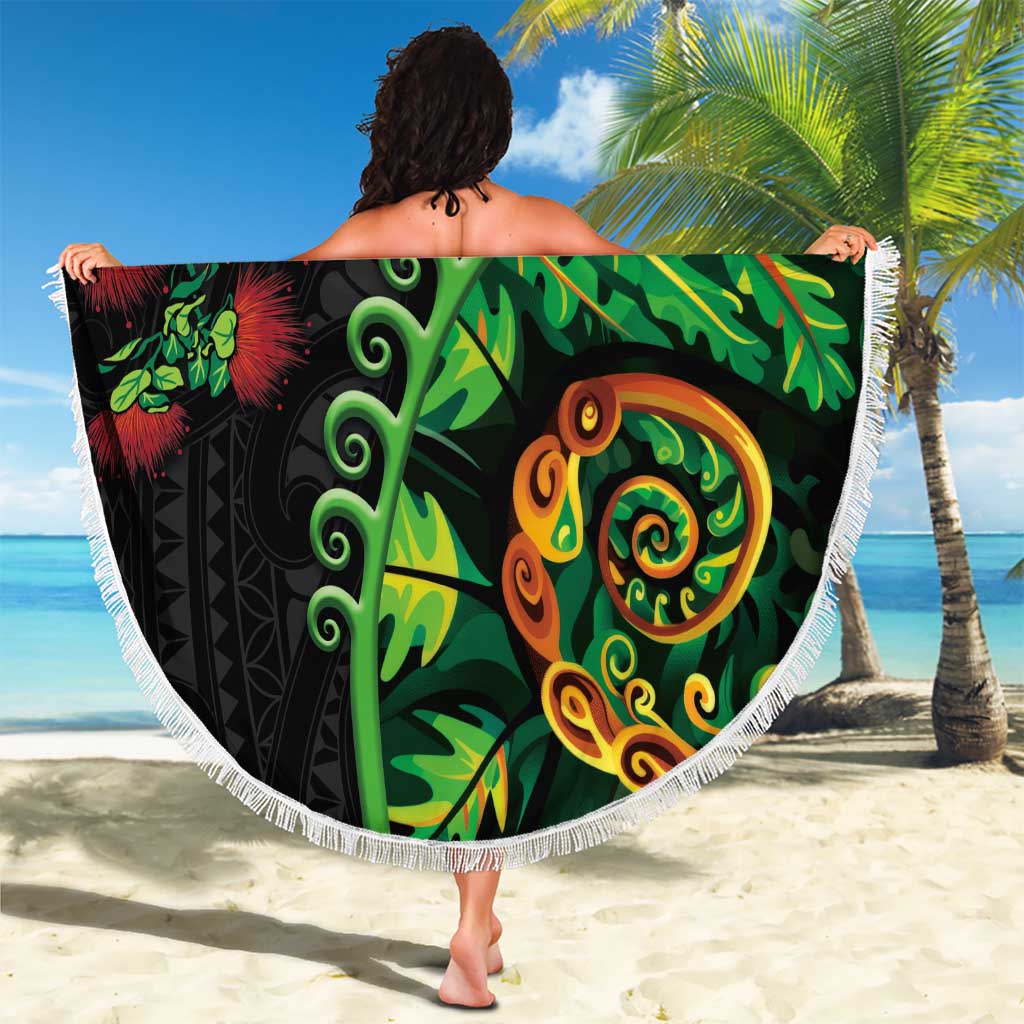 New Zealand Koru Plants and Pohutukawa Beach Blanket Maori Tattoo Pattern
