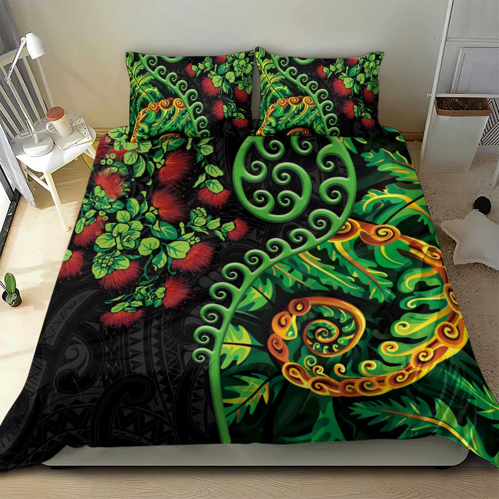 New Zealand Koru Plants and Pohutukawa Bedding Set Maori Tattoo Pattern
