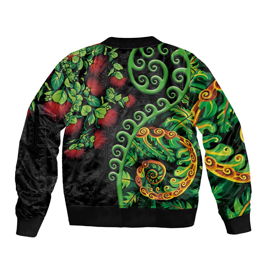 New Zealand Koru Plants and Pohutukawa Bomber Jacket Maori Tattoo Pattern
